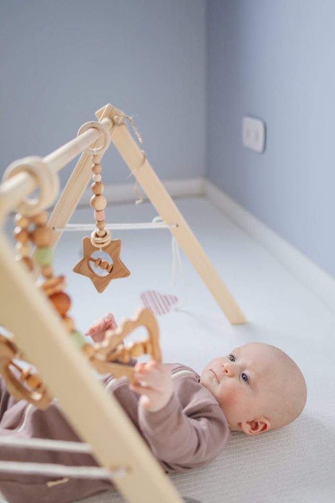 Cute toddler playing with wooden rattle FSC Certification example